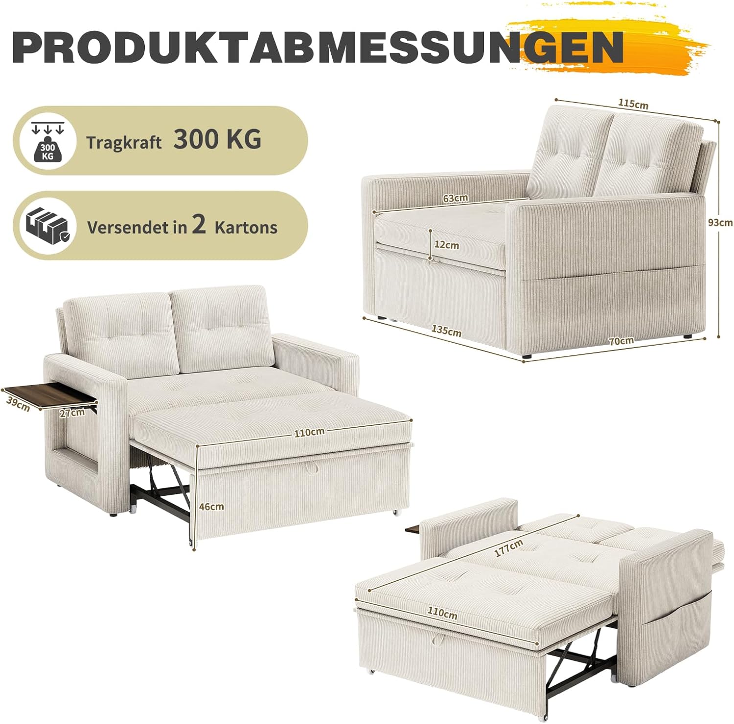 YOUDENOVA Sofa mit Schlaffunktion, Schlafsofa mit 5-stufig Verstellbarer Rückenlehne, Schlafcouch mit Bettfunktion, Couch mit Tisch & Seitentasche, 2 Sitzer Sofa Bed 177x135 cm, Cord Beige