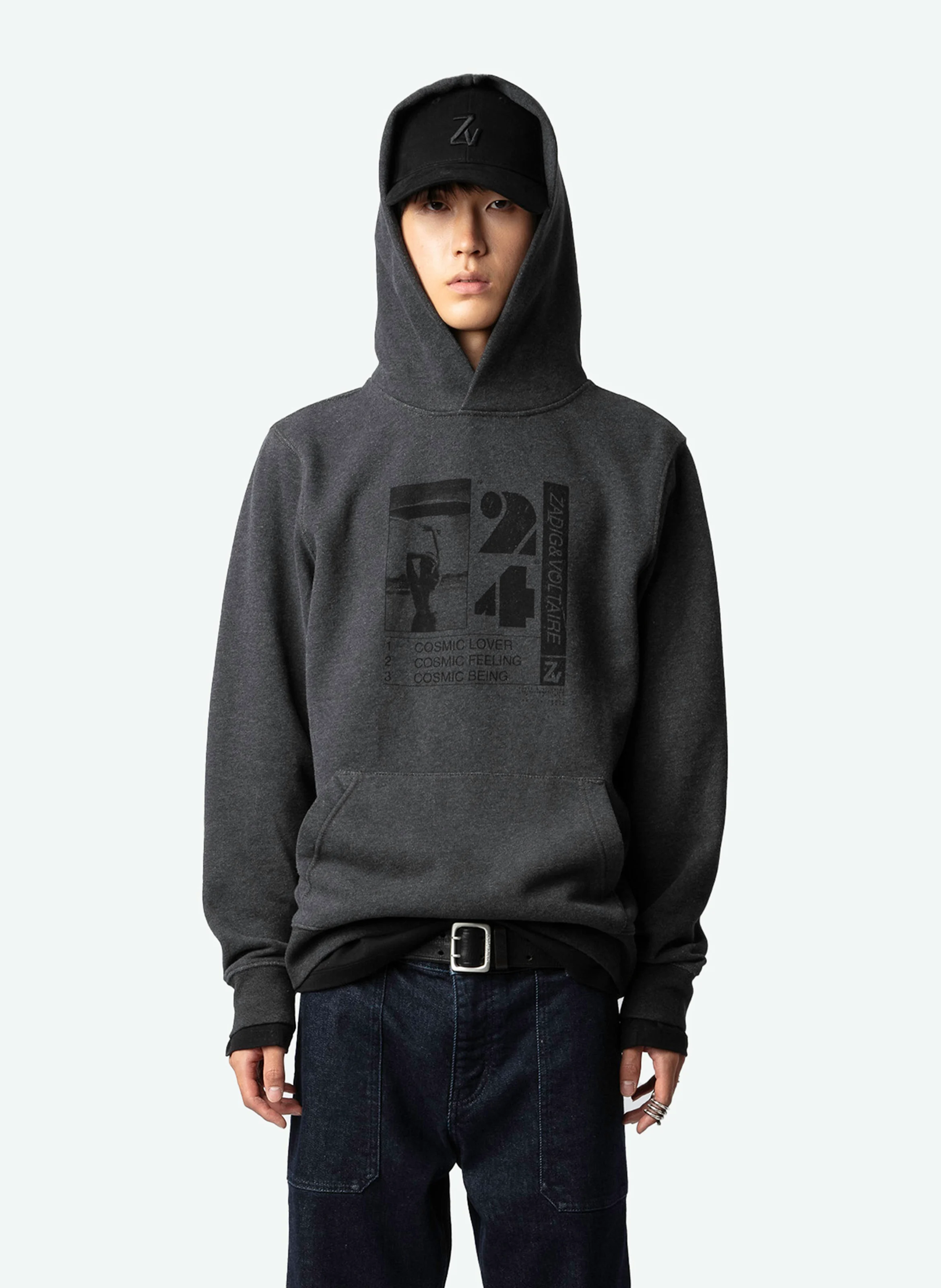SANCHI - Sweat à capuche droit en coton bio mélangé sérigraphié | Gris