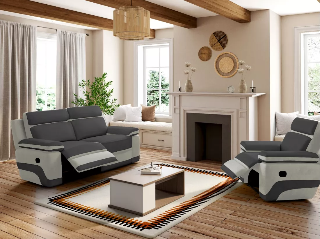 Fauteuil relax en microfibre anthracite et bandes gris clair TALCA