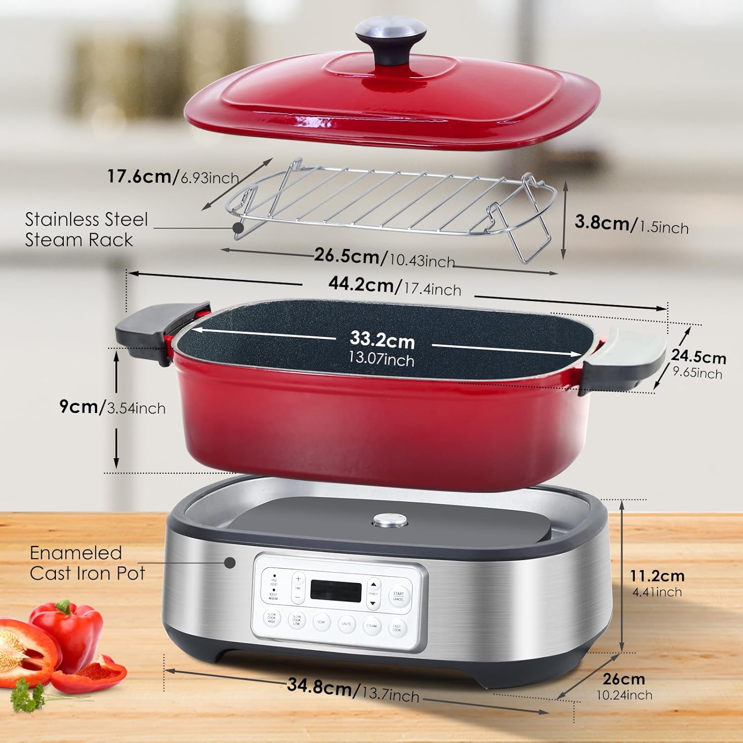 Homtone Slow Cooker Schongarer 6-in-1, 5,5L Multikocher Programmierbarer Abnehmbarer Emaille-Schmortopf, Keramik-Antihaftbeschichtung, Langsames Garen, Anbraten, Dämpfen mit Dampfgarrost, Rot
