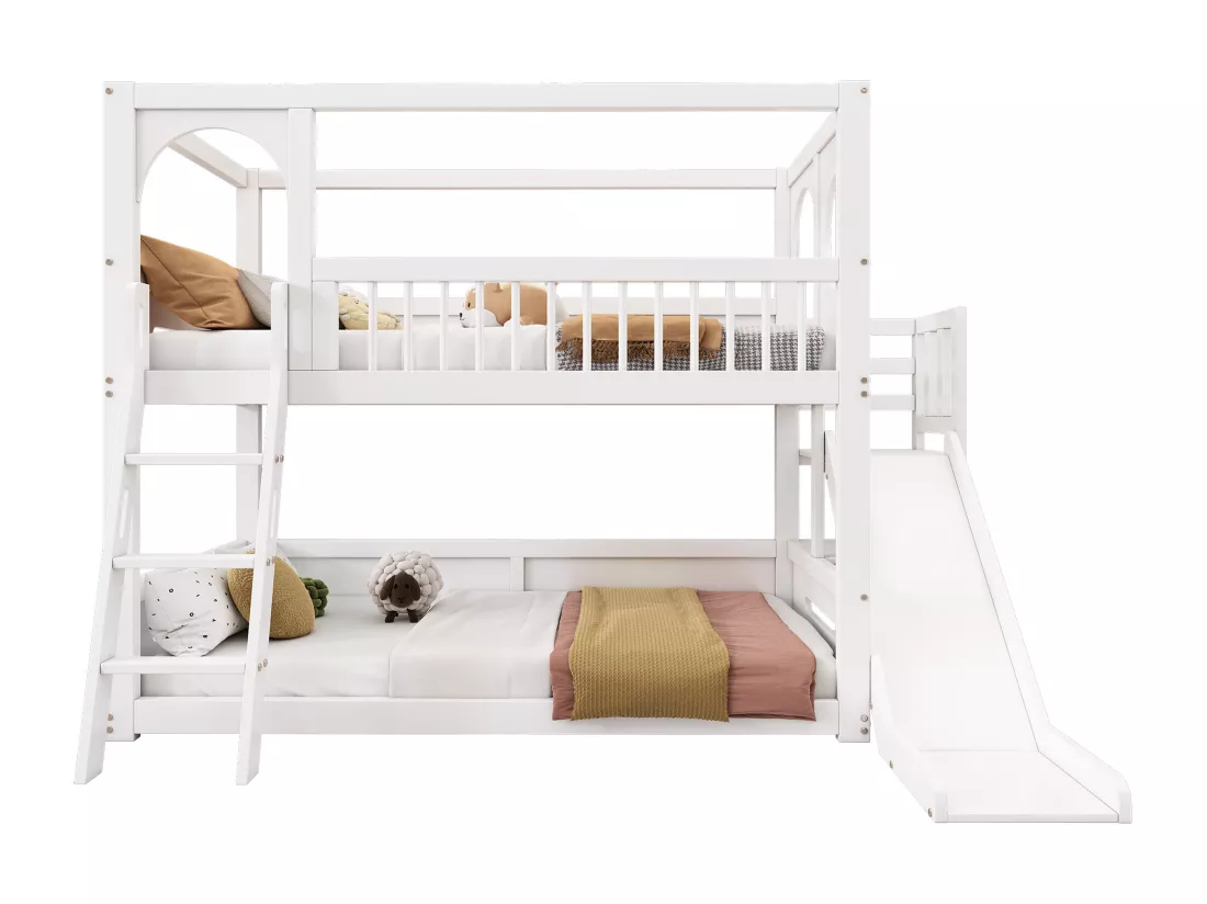 Lit superposé 2 x 90 x 200 cm avec étagères et toboggan - lit cabane enfant en bois massif - sommier à lattes - blanc
