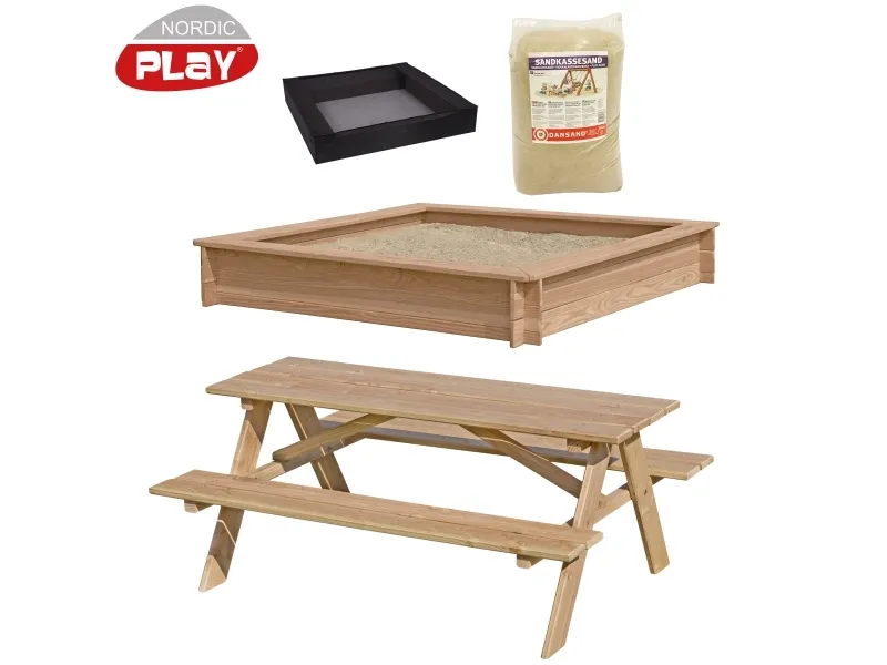 NORDIC PLAY Sampak Sandkasse lærk 150 x 150 cm, net, 200 kg sand og bord/bænksæt (805-750)