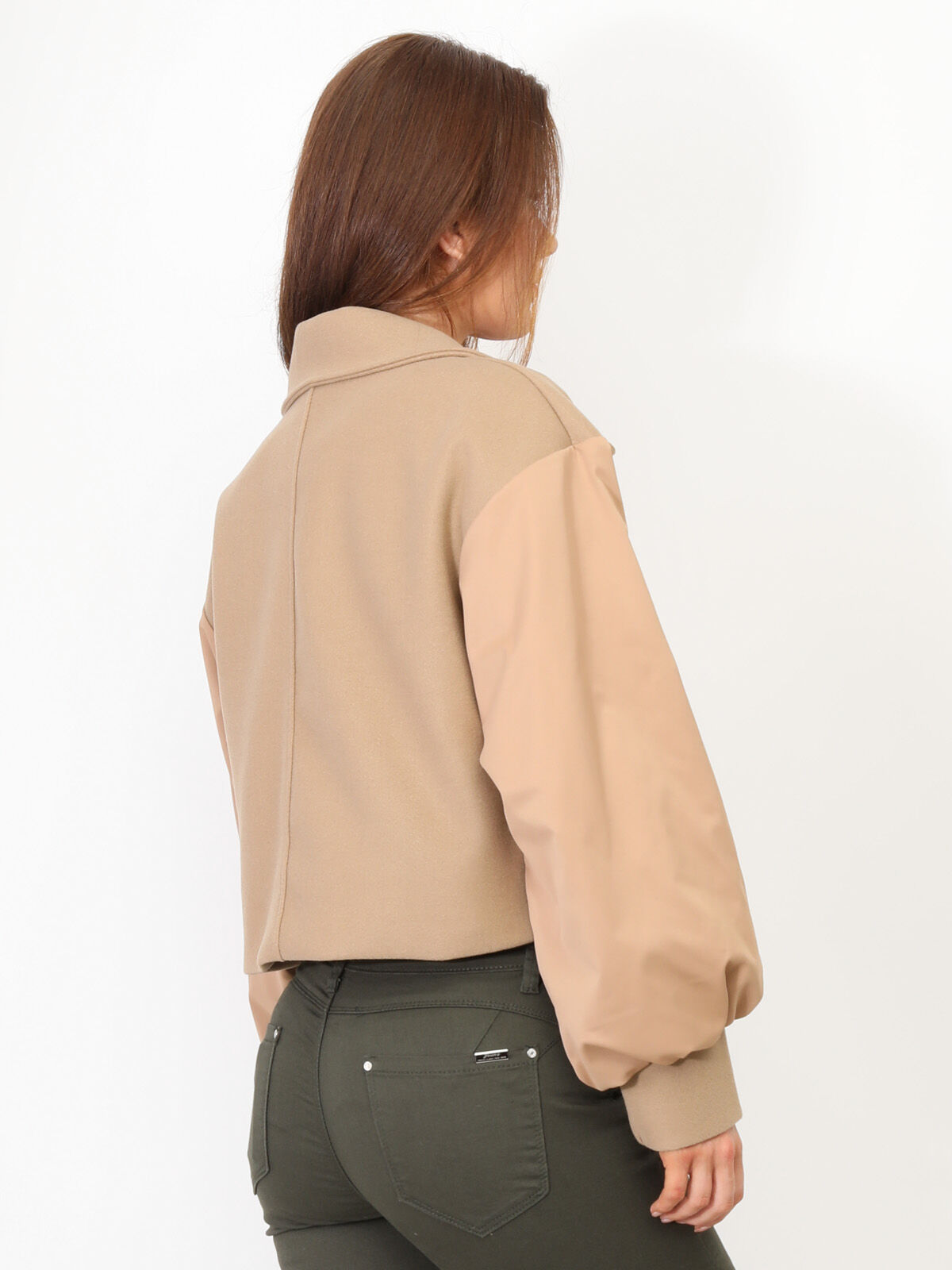 Veste courte croisée bi-matière- Camel