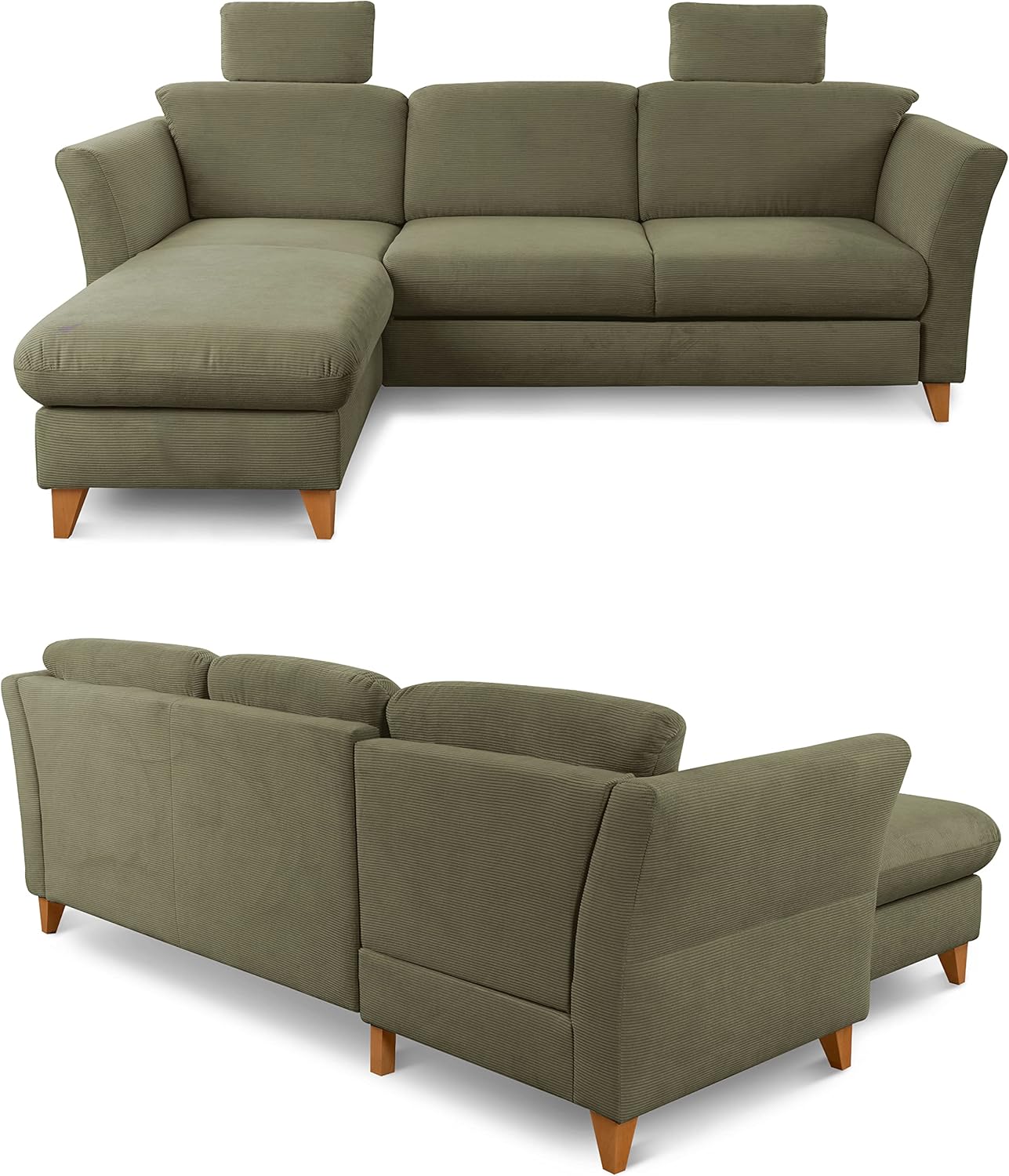 CAVADORE Eckcouch Trend / Skandinavisches Ecksofa mit Federkern, Longchair und zwei Kopfstützen / 249 x 86 x 162 / Cord, Olive