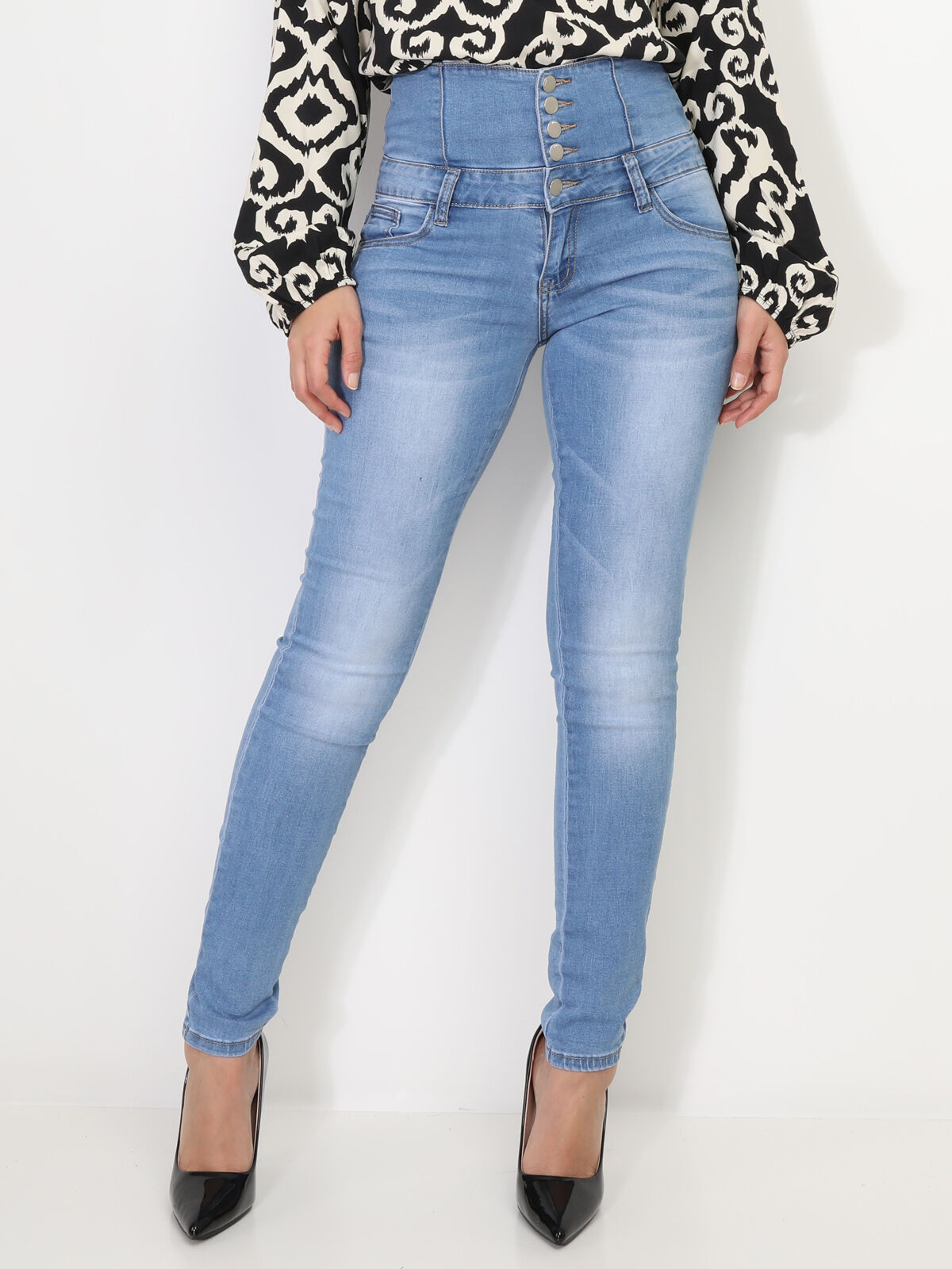 Jeans slim délavé taille haute- Bleu clair