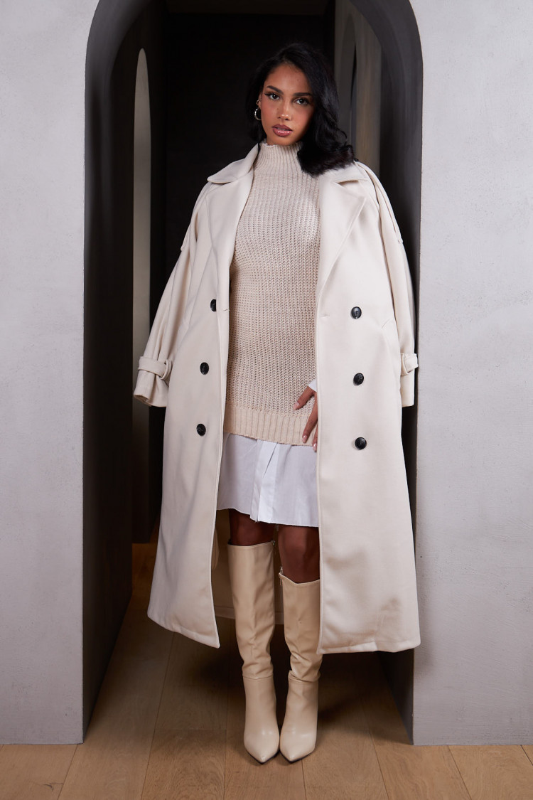 Manteau long duveteux style trench beige