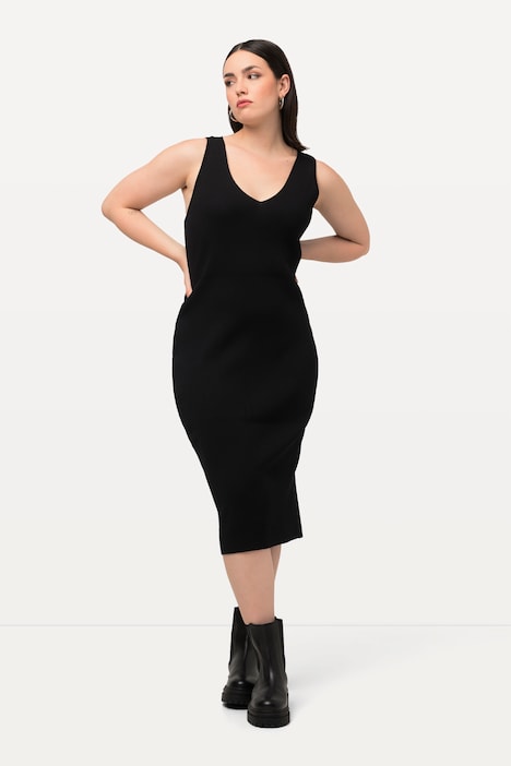 Strickkleid, Rippstrick, Slim, Midilänge, V-Ausschnitt, ärmellos