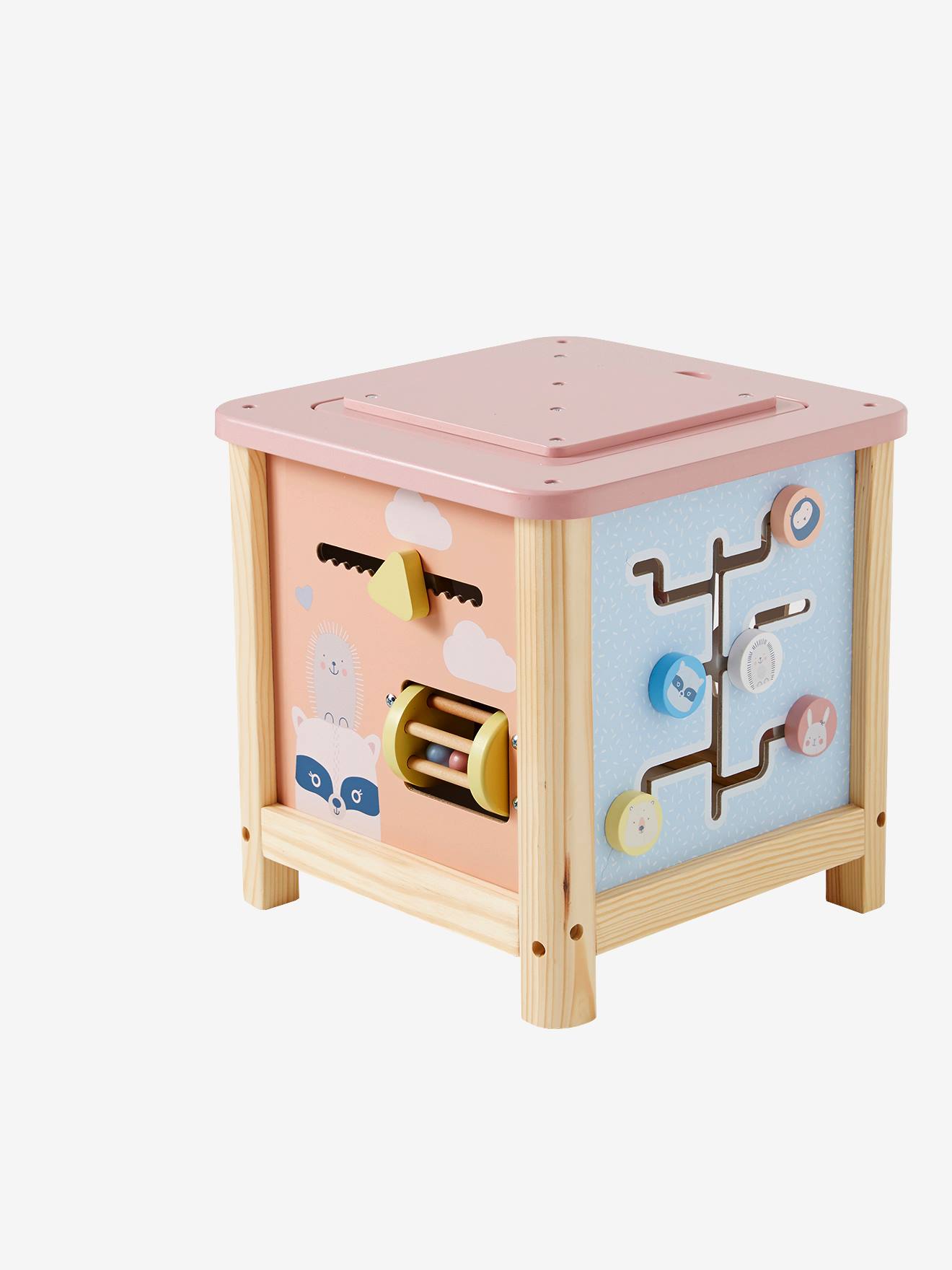 Cubo de atividades grande, feito de madeira com certificação FSC®. Rosa