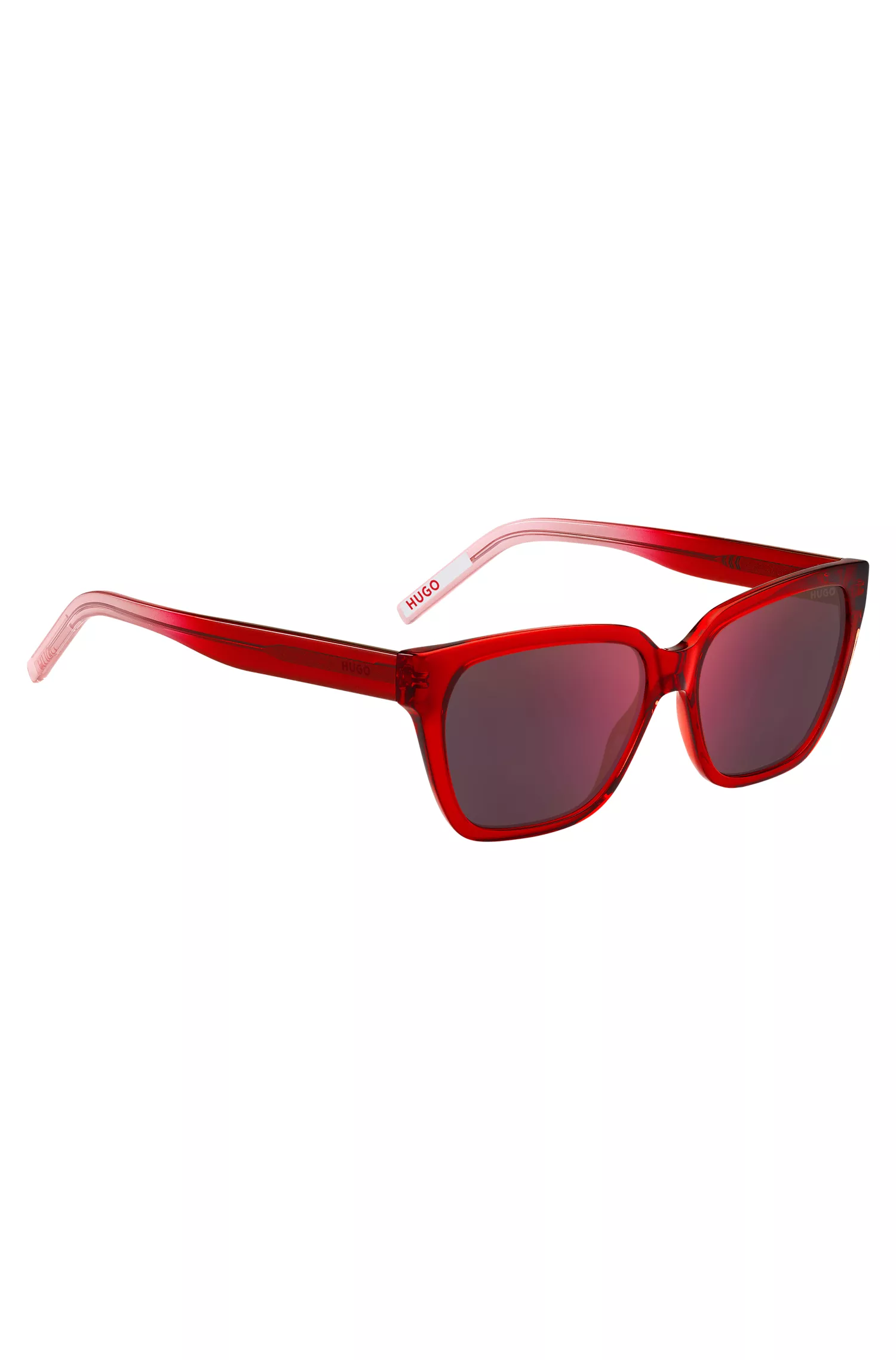 Óculos de sol HUGO em acetato vermelho com hastes degradê.