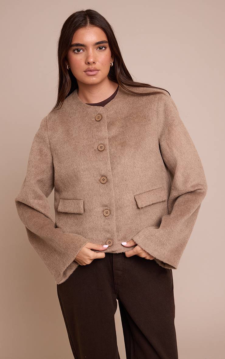Taupe Veste Cintrée En Laine Brossée À Simple Boutonnage