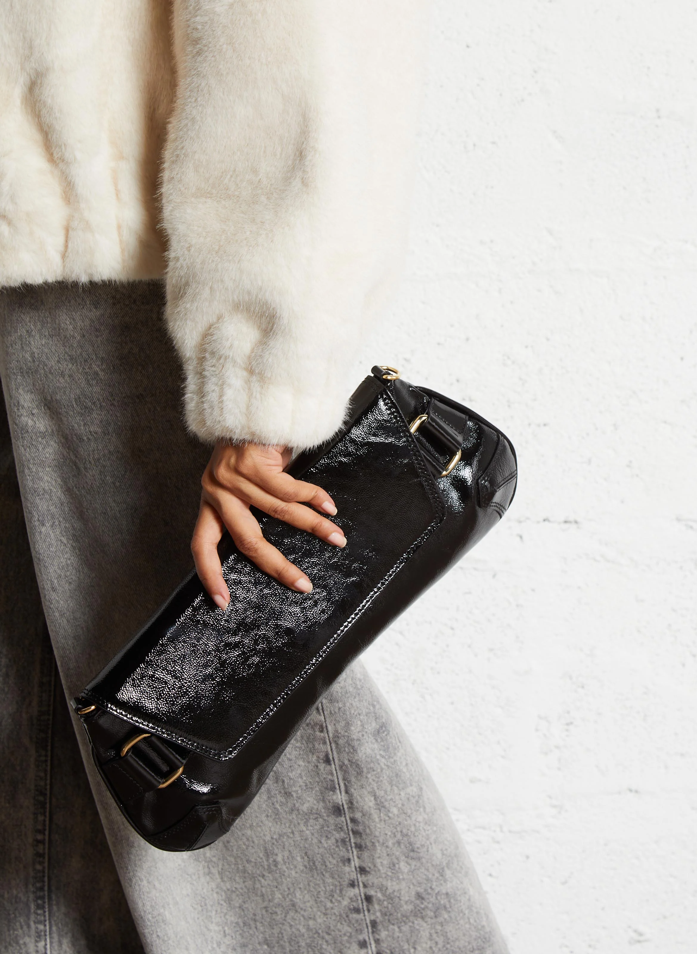 ENA - Sac baguette en cuir vernis| Noir