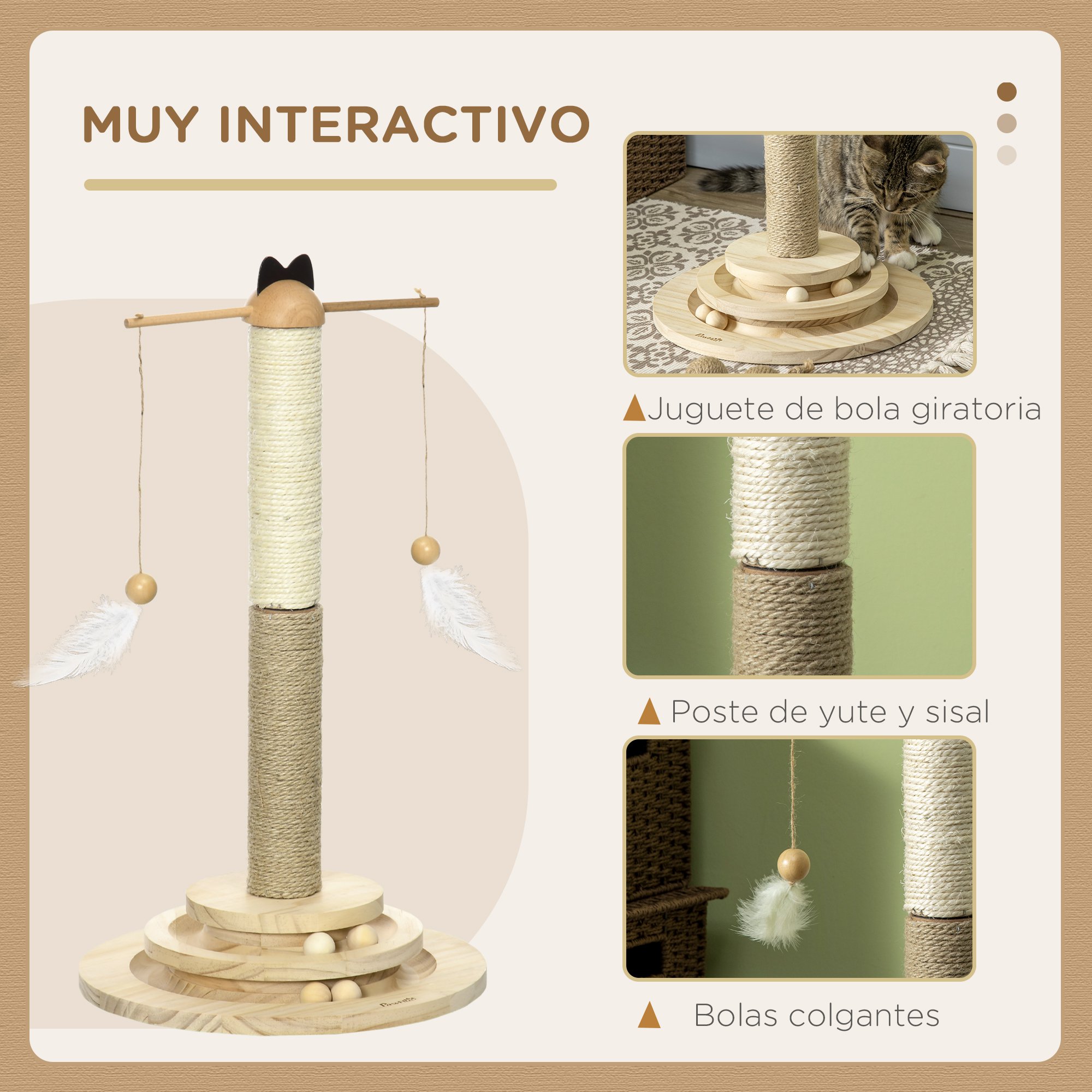 Arranhador de madeira para gatos PawHut, 56 cm de altura, torre para gatos, centro de atividades para gatinhos com poste de juta e sisal, bolas para brincar, Ø32x56 cm, natural