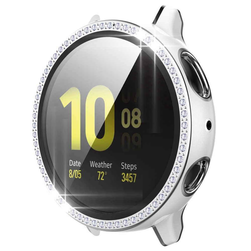 Samsung Galaxy Watch Active 2 (44mm) Galvanisierte Glitzer Strass Bumper Hülle   Display Schutzglas - Weiss / Silber