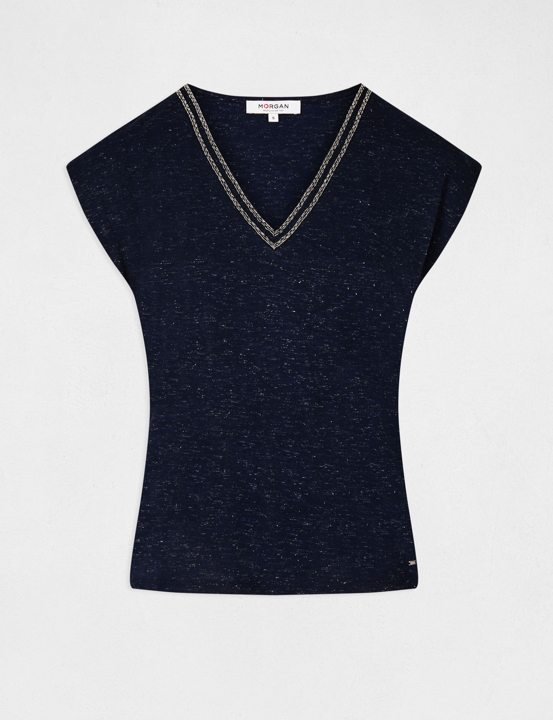 T-shirt manches courtes à col en V marine femme - marine