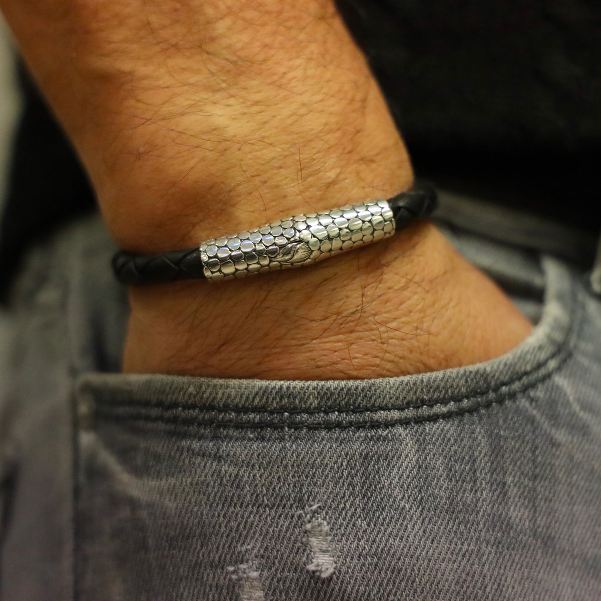 Bracelet Homme Exotique écaille Cuir Noir Et Argent