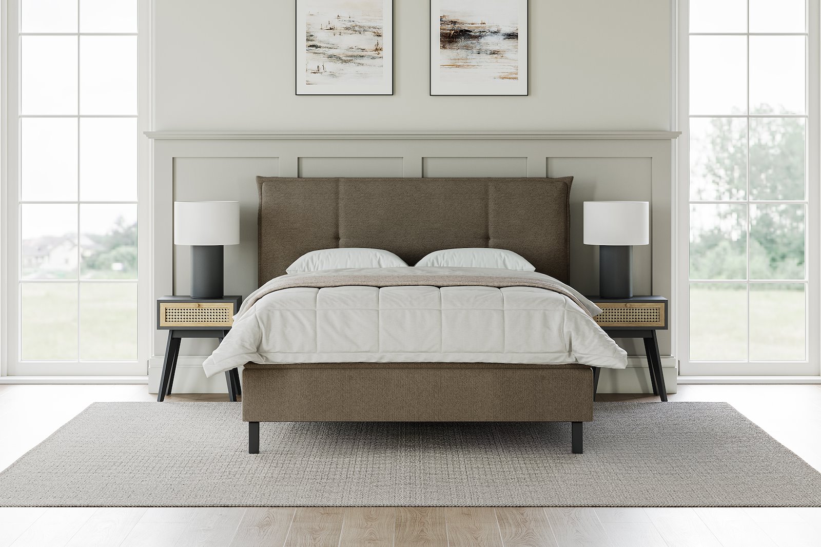 XOV Relax kontinentalseng 180x200 cm I tekstil Bjorn 34 brun, fast, sorte ben og 7cm hypersoft overmadrass, sengegavl selges separat.
