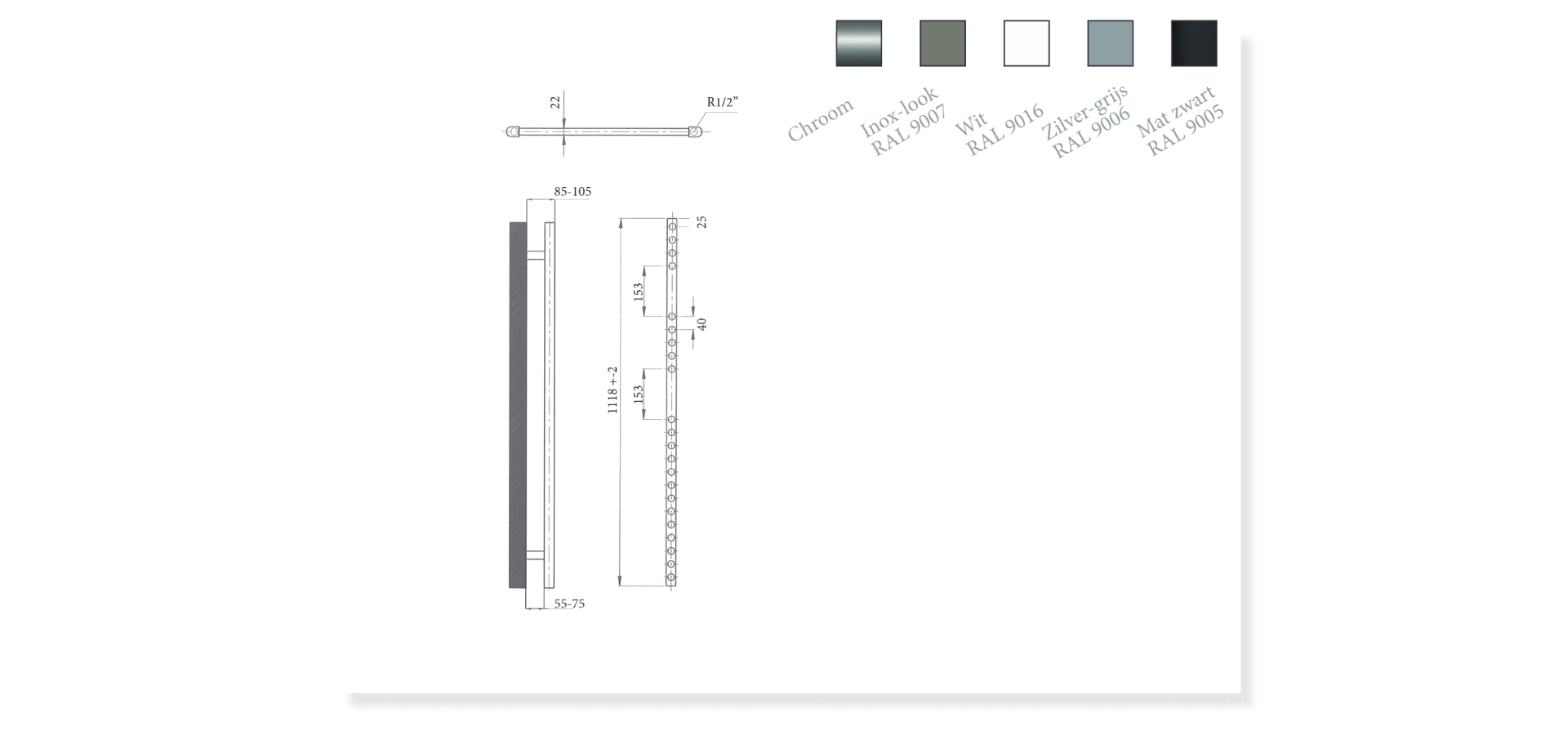 Sanicare HVS elektrische radiator 45x112cm wit met afstandsbediening en thermostaat chroom rechtsonder