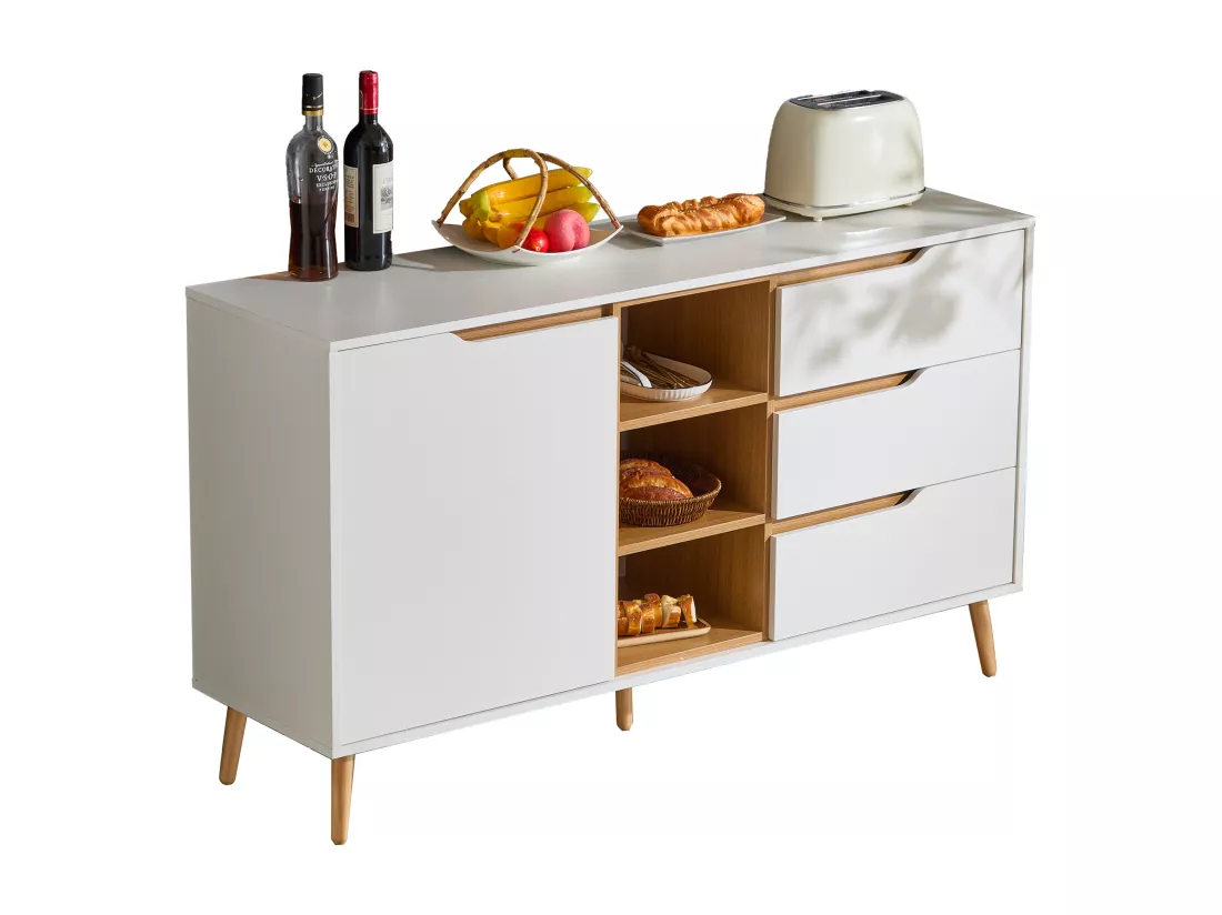 Buffet avec 1 porte et 3 tiroirs - 140 x 40 x 80,5 cm - Bois MDF - Design anti-basculement - Blanc + naturel