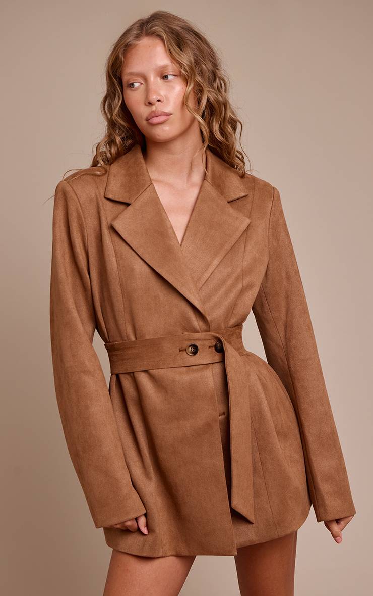 Marron Robe Blazer Ceinturée En Synthétique