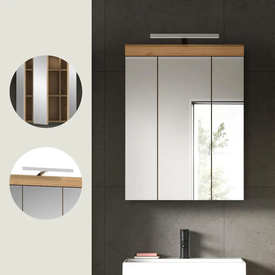 Hioshop Scout spiegelkast 2 deuren- 3 spiegeldeuren- 3 planken salvie decor-