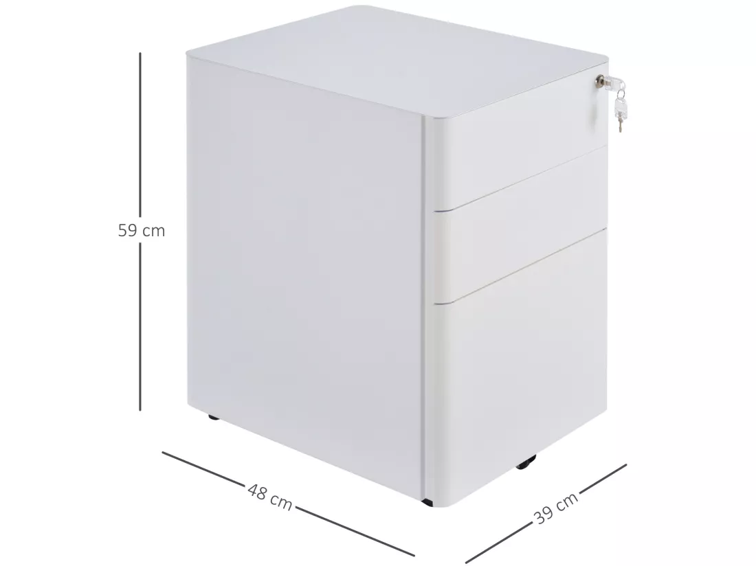 Caisson de bureau rangement bureau sur roulettes 3 tiroirs coulissants verrouillables trieur à dossiers dim. 39L x 48I x 59H cm acier blanc