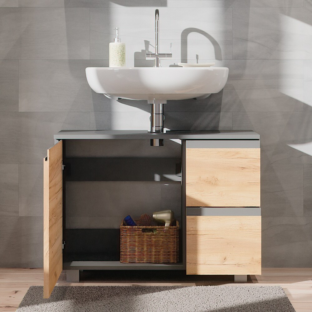 Vicco Waschtischunterschrank Waschbeckenunterschrank Badschrank J-shape Anthrazit Eiche modern 80x61cm Badezimmer Schrank Badmöbel Schranktür Schrankschublade Aufbewahrung
