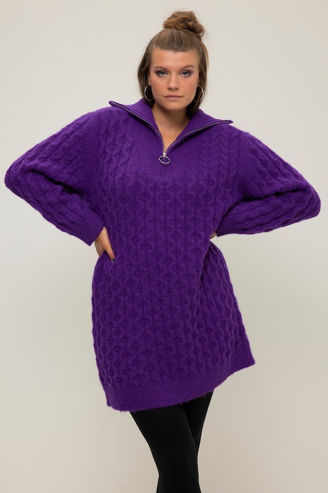 Strickkleid, Straight Shape, Zopf-Muster, Troyer-Kragen, Langarm