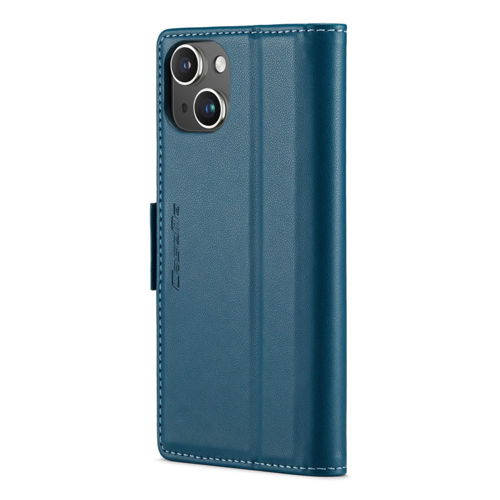 iPhone 14 Leder Tasche Flip Wallet Etui mit Kartenfächern Litchi Look (RFID Schutz) - Blaugrün