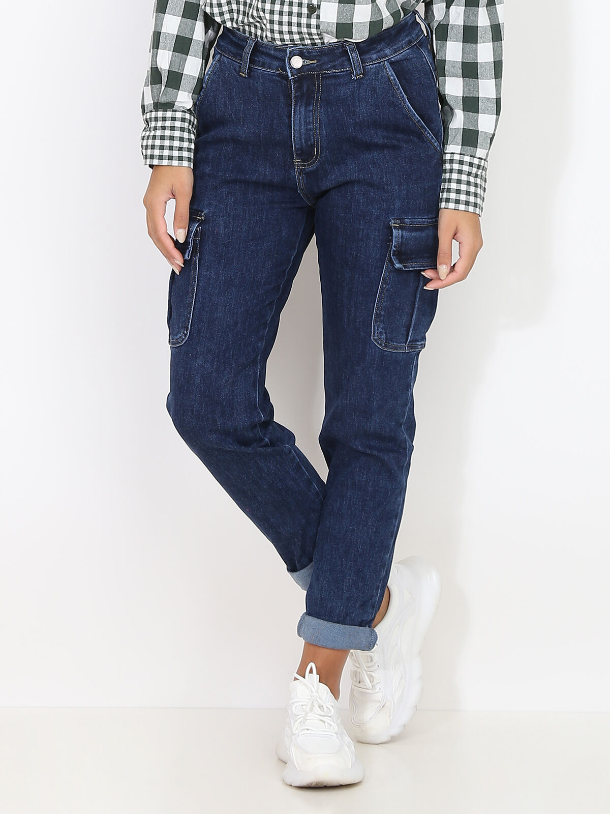 Jeans droit coupe cargo- Denim foncé