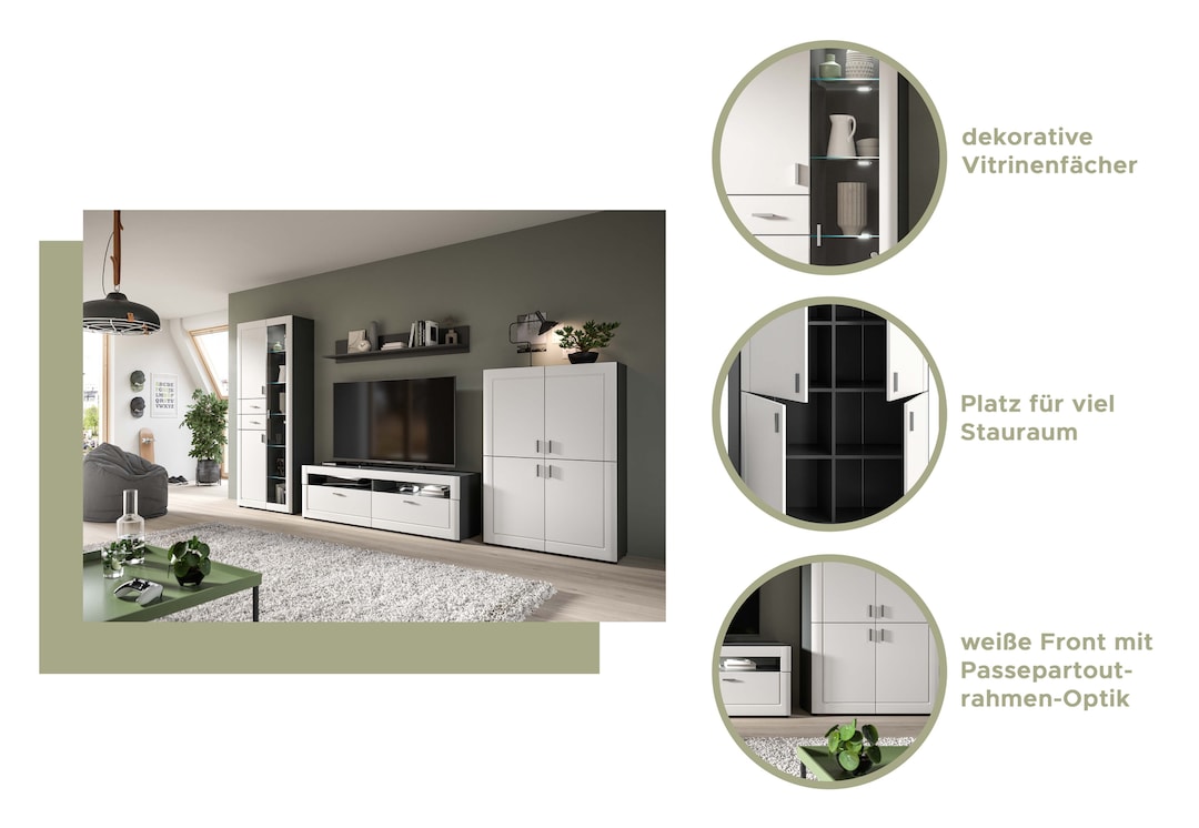 Vitrine LAGO 80 x 194 cm weiß matt/grau