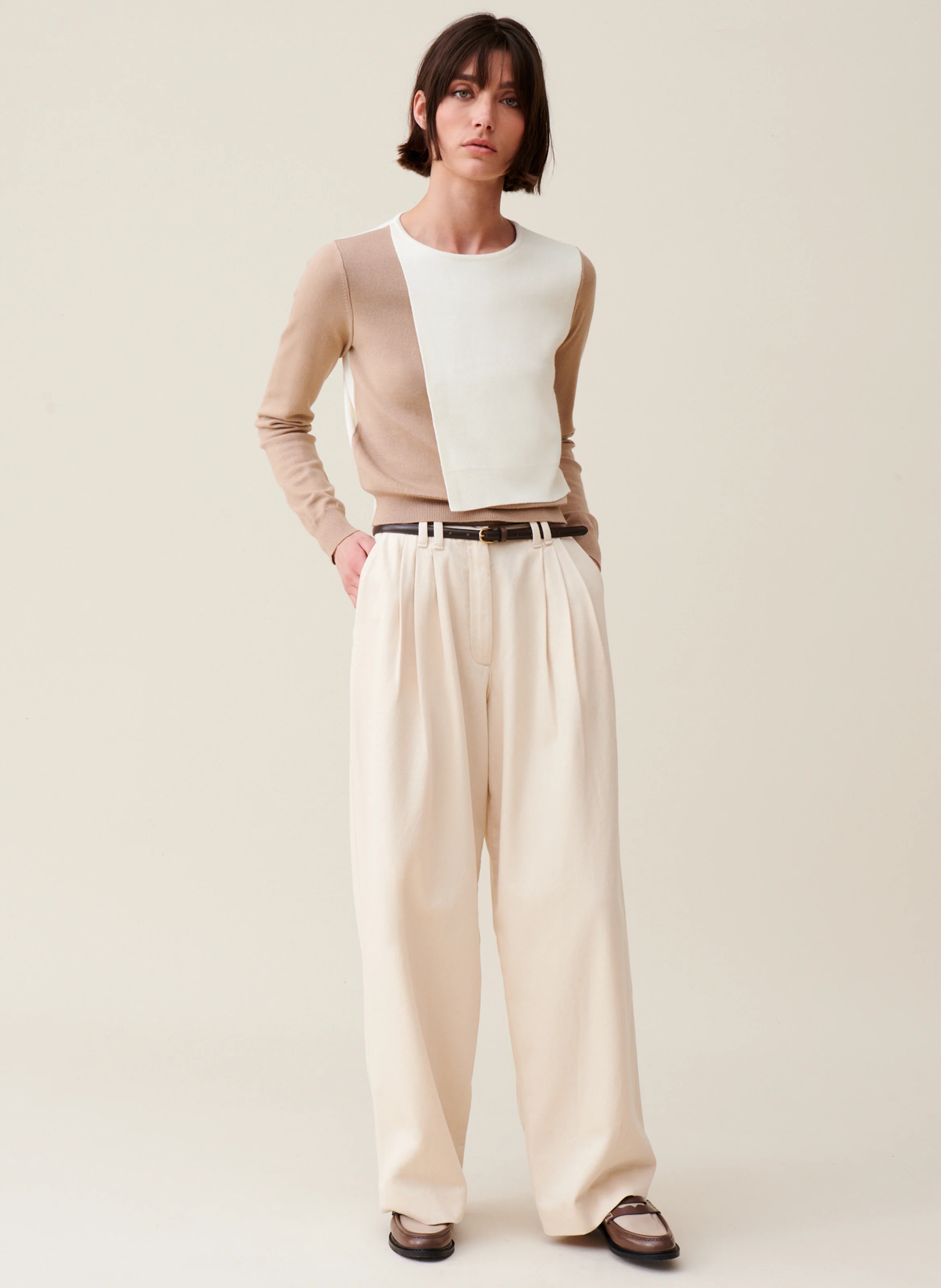 Pull col rond en laine mélangée | Beige