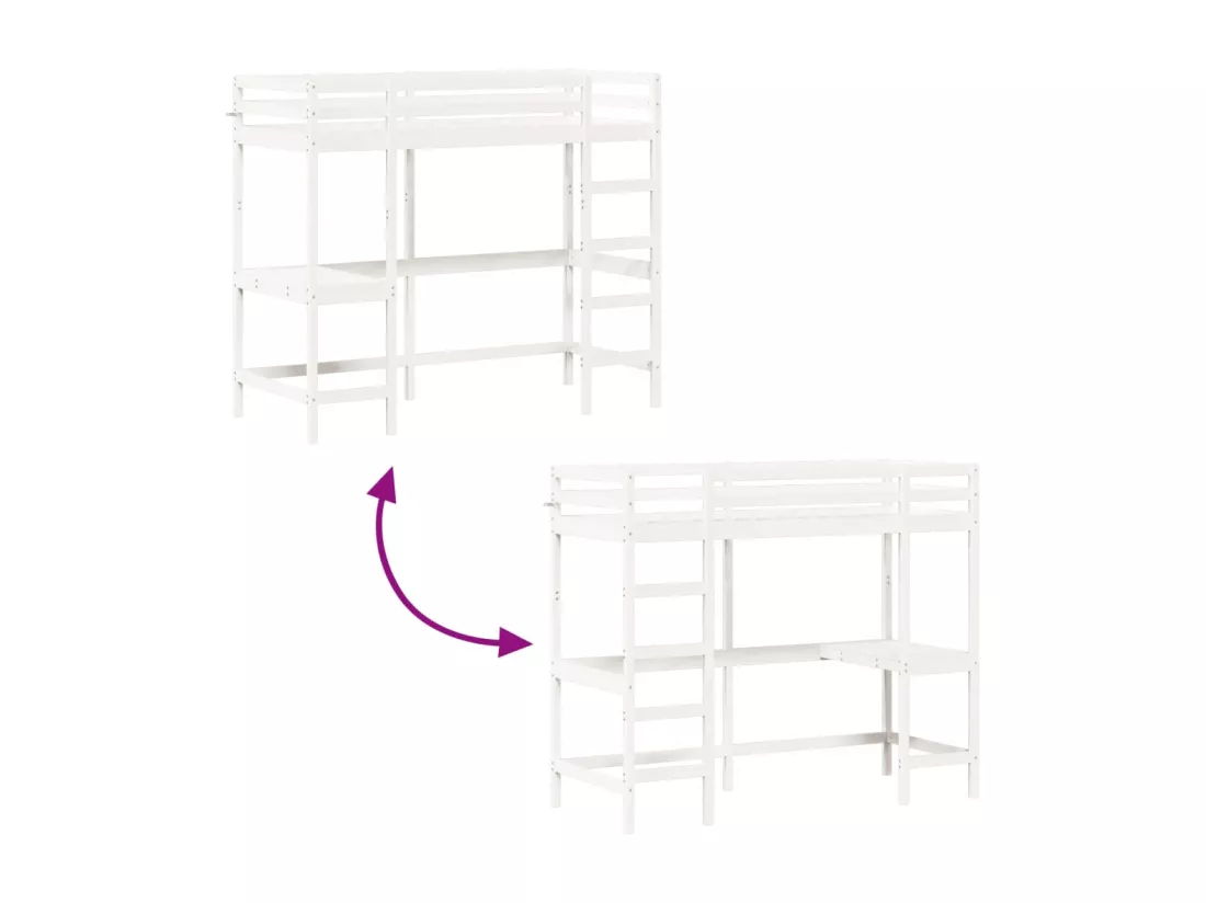 Lit superposé avec bureau blanc 75x190 cm bois de pin massif