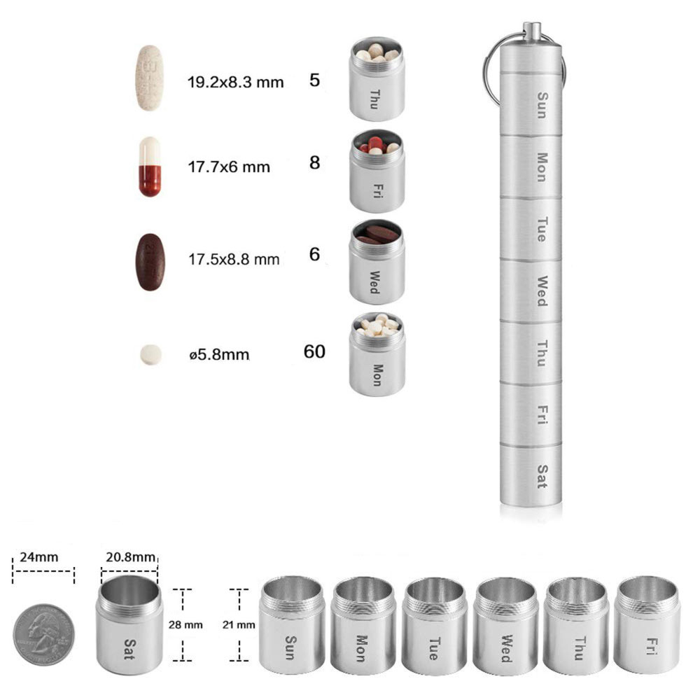 (180x25mm) Metall Medikamenten Dosierer 7 Tage Dosett Tablettenbox Supplements Pillendose Schlüsselanhänger -  Silber