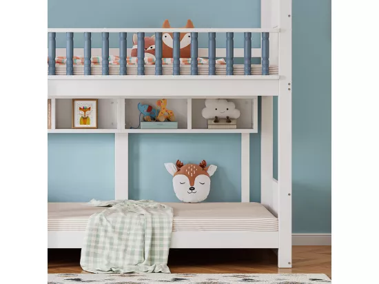 Lit superposé pour enfants 90x200cm, avec protection contre les chutes et rails, avec toit et fenêtres, clôture en bois massif, blanc + bleu