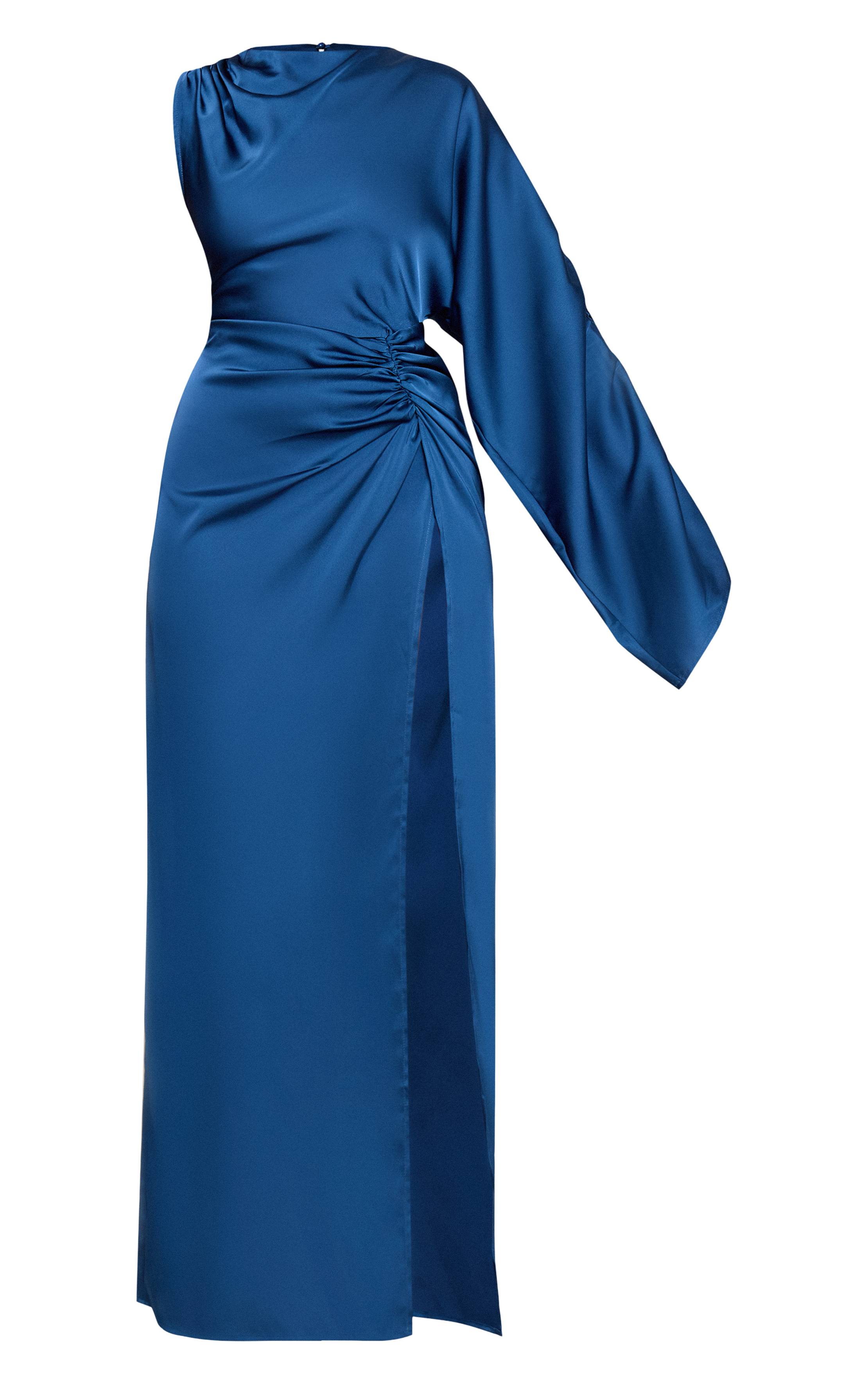 Bleu Marine Robe Longue En Satin Avec Détail Cape Asymétrique