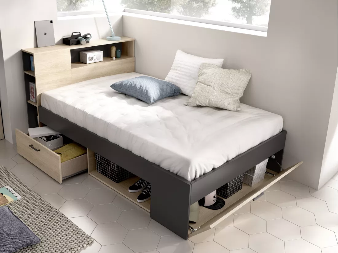 Lit avec tête de lit rangements et tiroirs - 120 x 190cm - Coloris : Naturel et anthracite - LEANDRE
