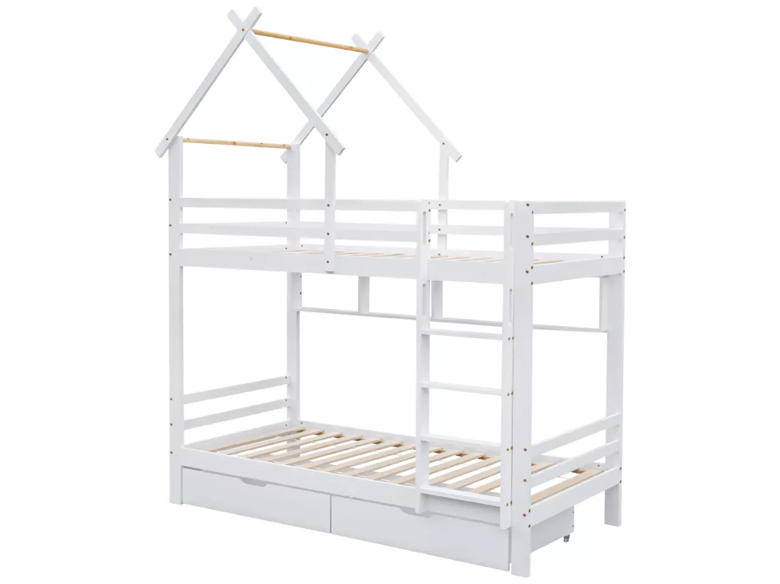 Lit superposé 2x90x200 cm avec tiroirs et étagères, cadre en pin, sommier inclus, blanc