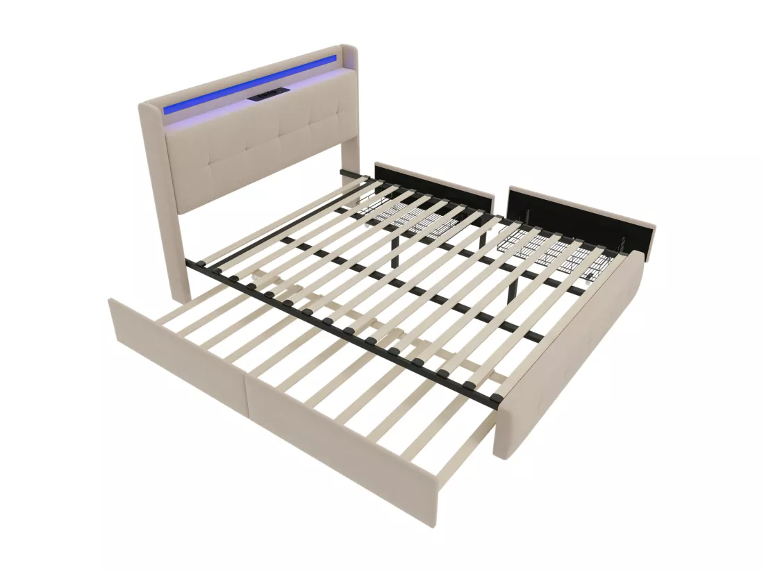 Lit double rembourré 160x200 cm Lit adulte avec lit gigogne éclairage LED 2 tiroirs ports USB et sommier à lattes - beige