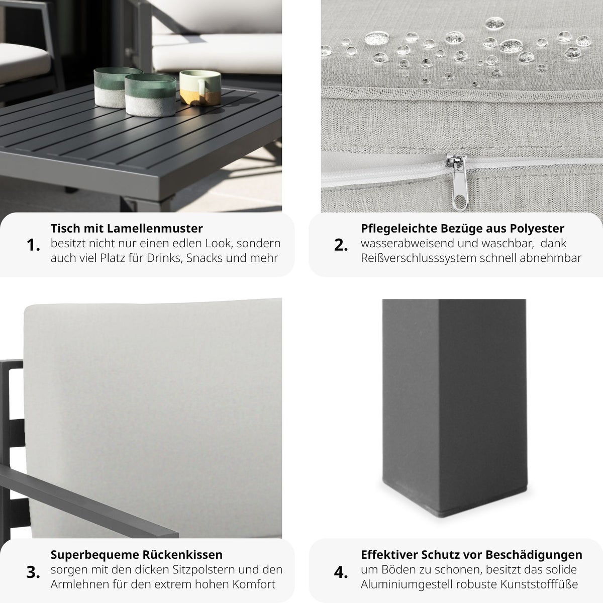 tectake Göteborg zitgroep met aluminium frame, voor 4 personen, tafel met lattenbodem
