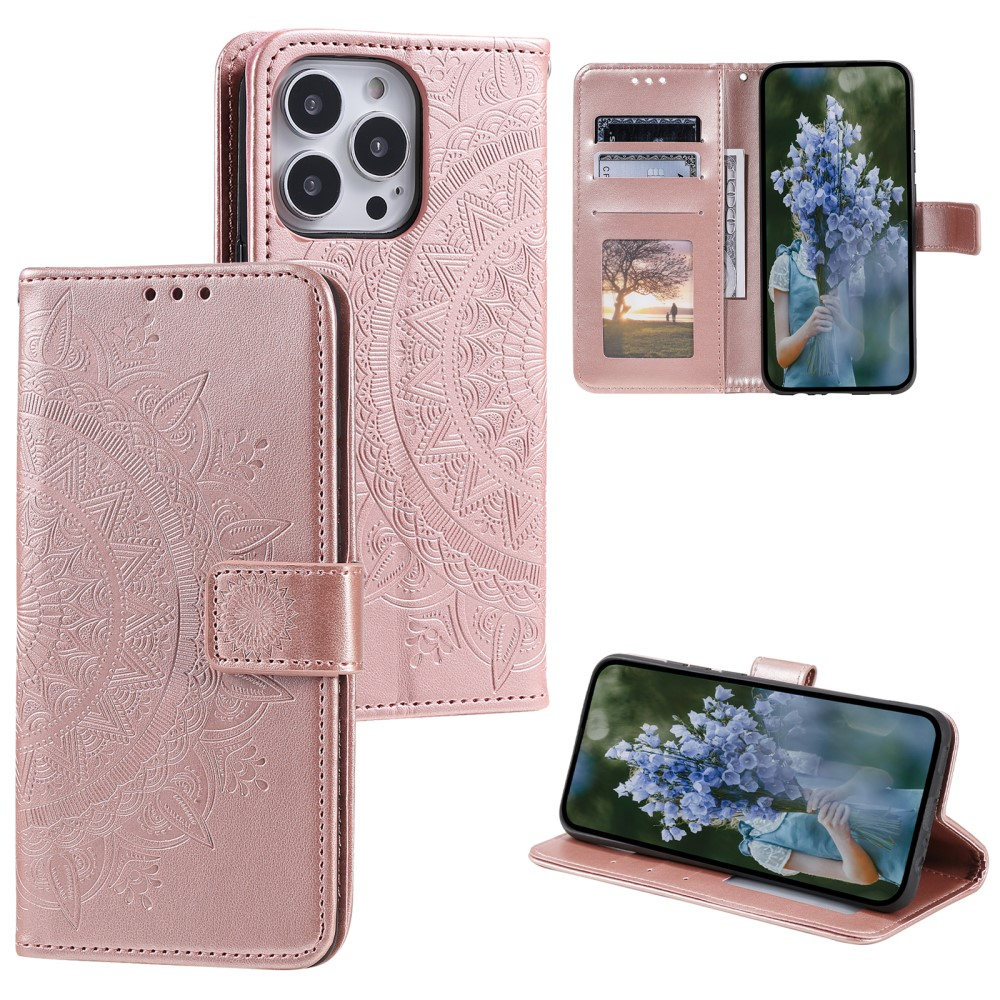 iPhone 15 Pro Max Leder Tasche Wallet - Mandala Flowers Imprint - Roségold