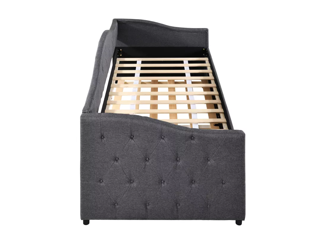Lit banquette 90x200cm + lit gigogne 90x190cm - capitonné en tissu lin - Gris (matelas non inclus)