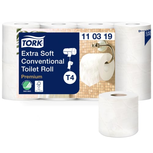 Papier toilette petit rouleau 3 plis Tork Ecolabel 155 feuilles blanc 9,8 x 12.3 cm