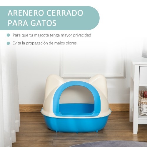 Caixa de areia fechada PawHut, branca e azul, para gatos.