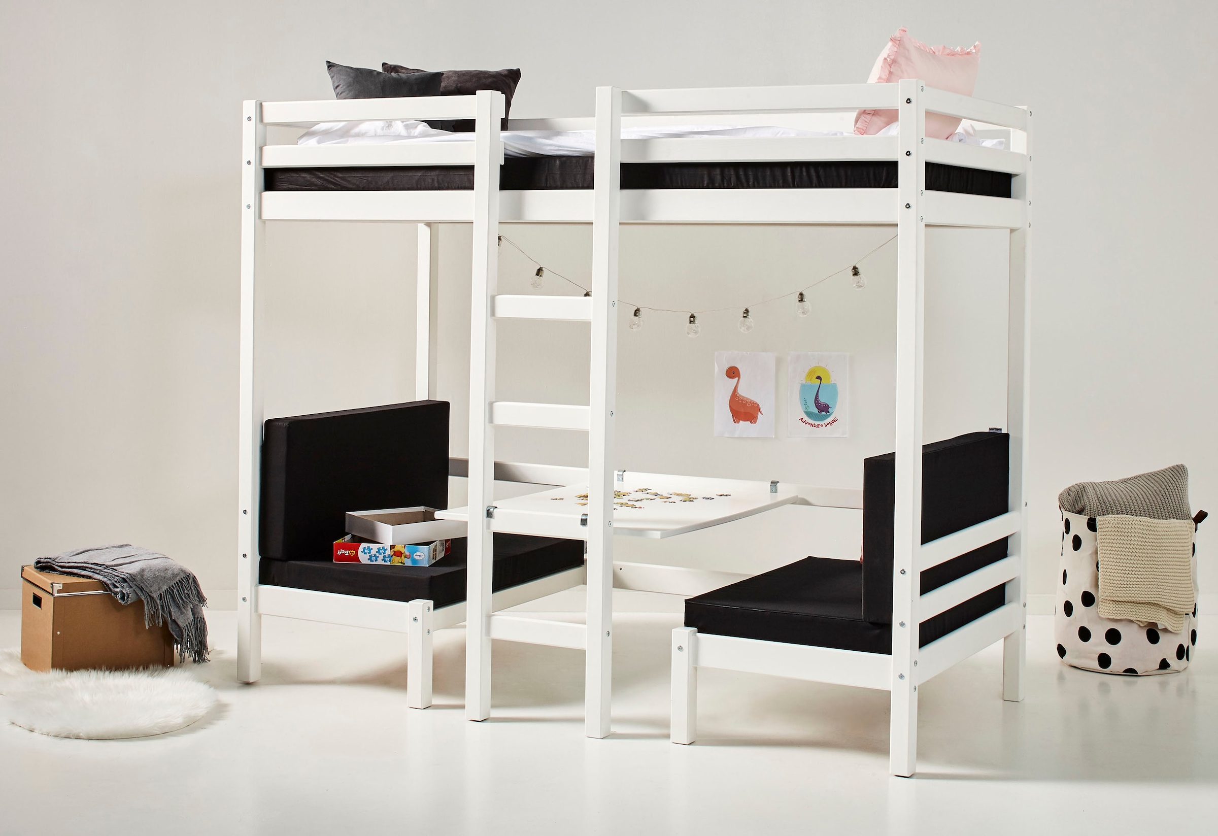 Hoppekids Hochbett »ECO Dream JUMBO B/T/H 101/208/170 cm, umbaubar zum Etagenbett« mit Sitzgruppe, Matratzen (oben u unten) in schwarz, Kiefer massiv/MDF