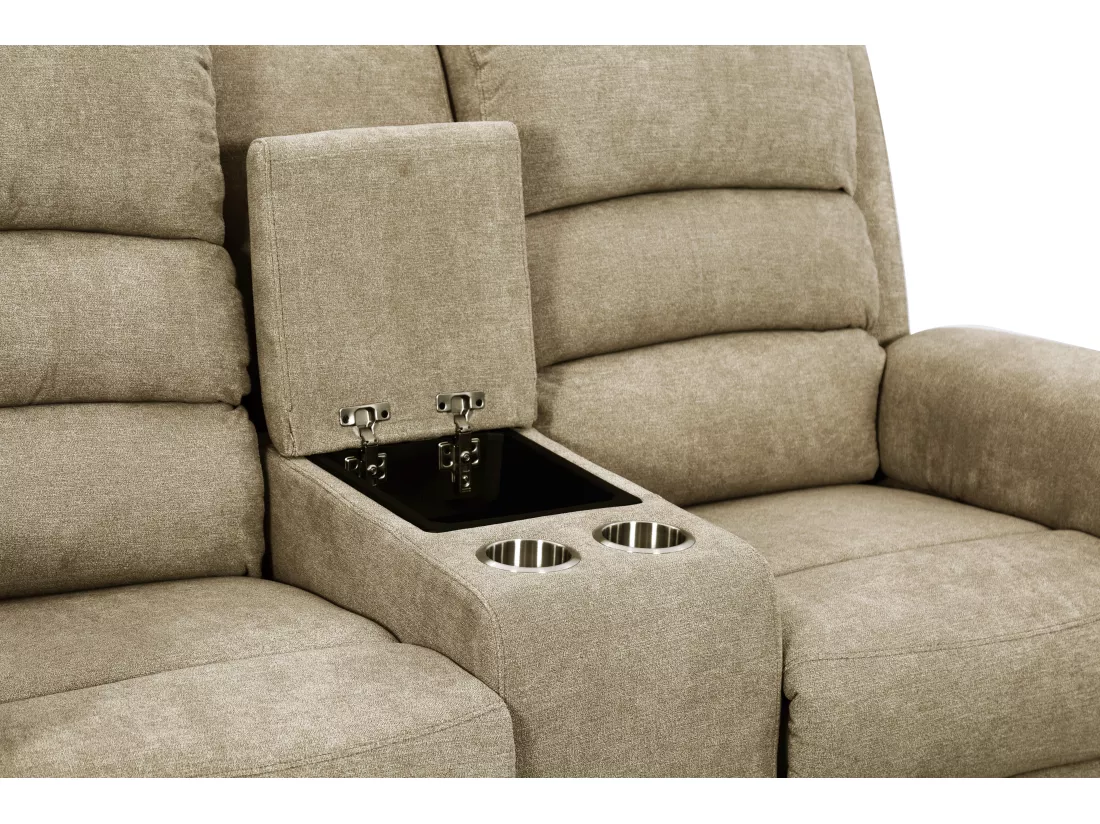 Canapé 2 places relax électrique en tissu taupe avec tablette NEVERS