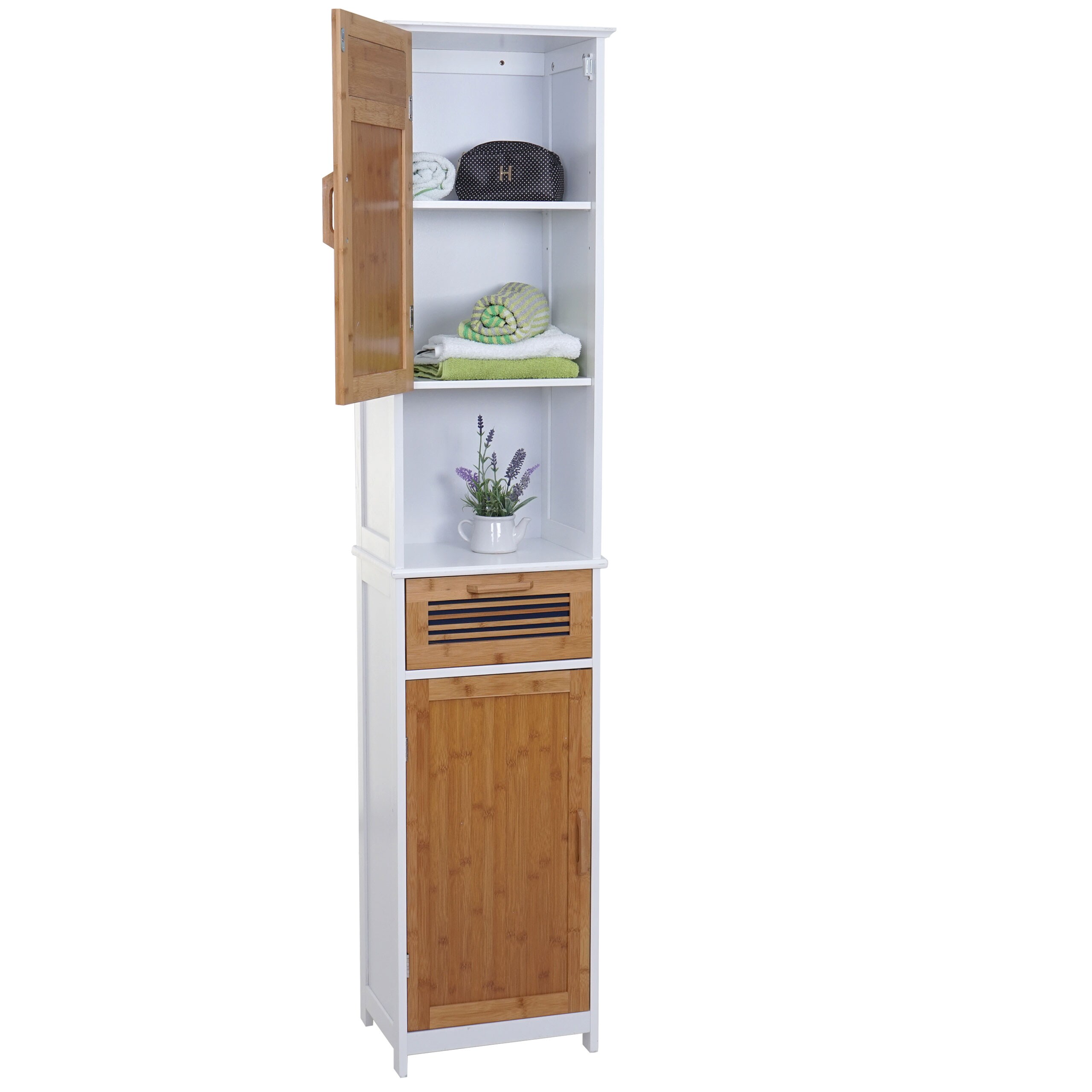 Hochschrank MCW-A85, Badschrank Badregal Bambus, 180x40x31cm weiß