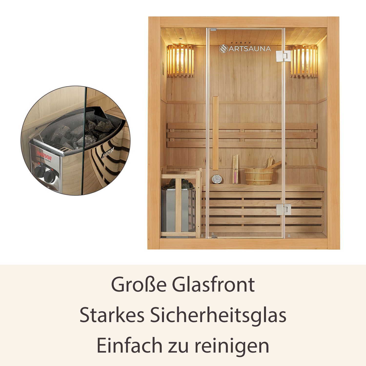Artsauna Saunakabine Tampere mit Harvia Ofen – 2 Personen – Hemlock Holz & Glasfront – Inkl. Zubehör