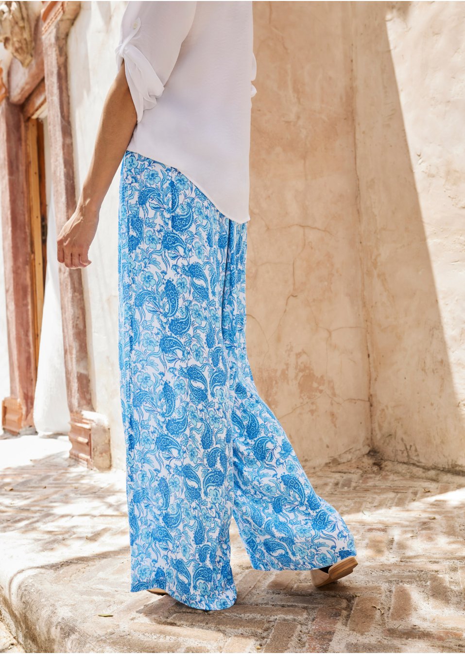 Pantalon palazzo froissé en viscose avec tour de taille élastiqué