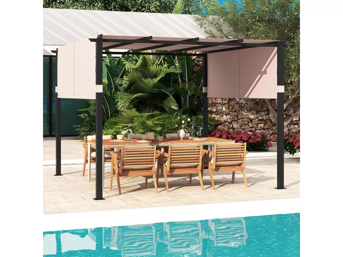 Pergola Rétractable d'Extérieur 305 x 305 CM, Pergola Métallique à Toit Plat pour Patio avec Auvent Rétractable 2 Couvre-soleils à Enrouleur, Tonnelle Abri pour Jardin Patio Porche (Beige)