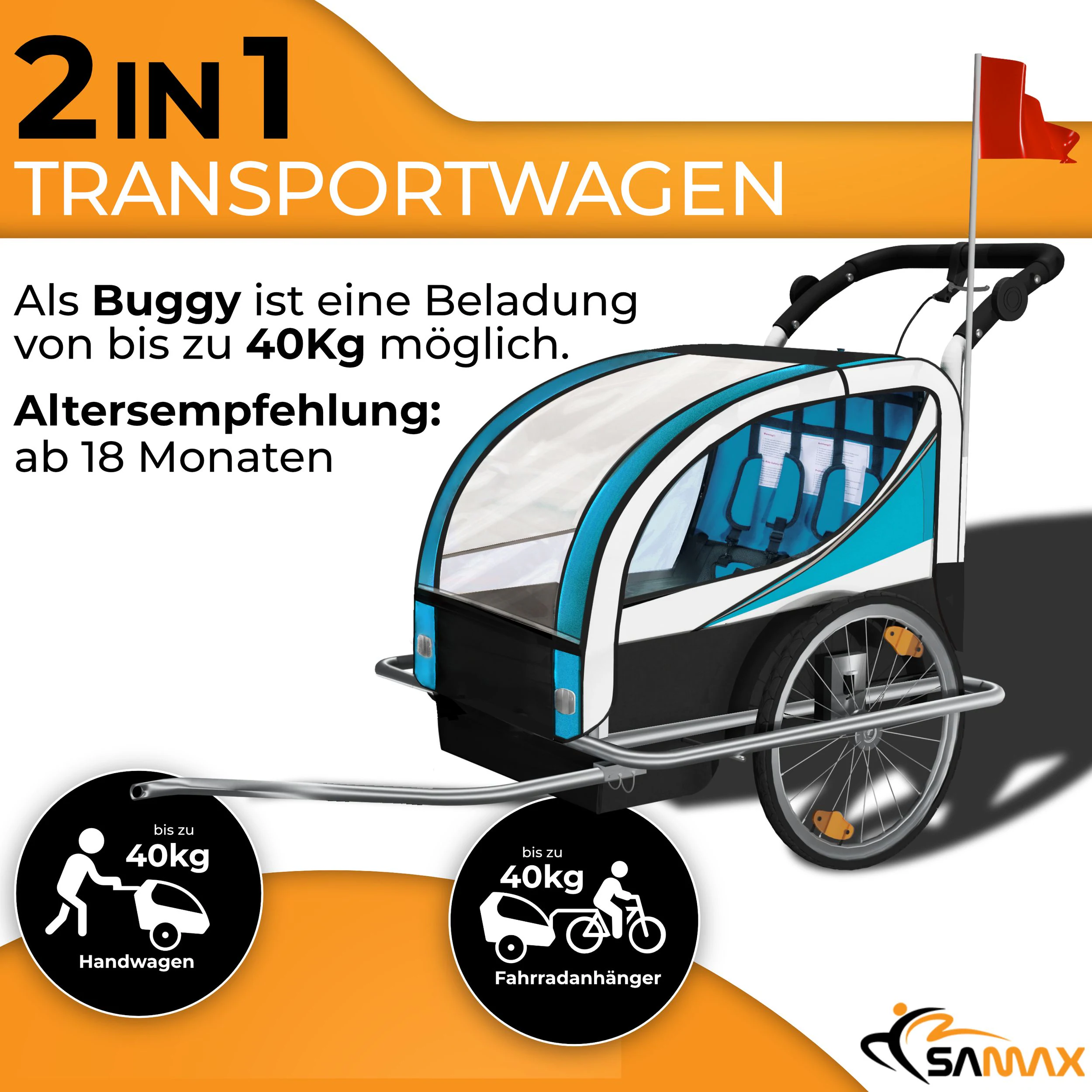 SAMAX 360° drehbarer Fahrradanhänger 2in1 Jogger - in Blau - Silver Frame